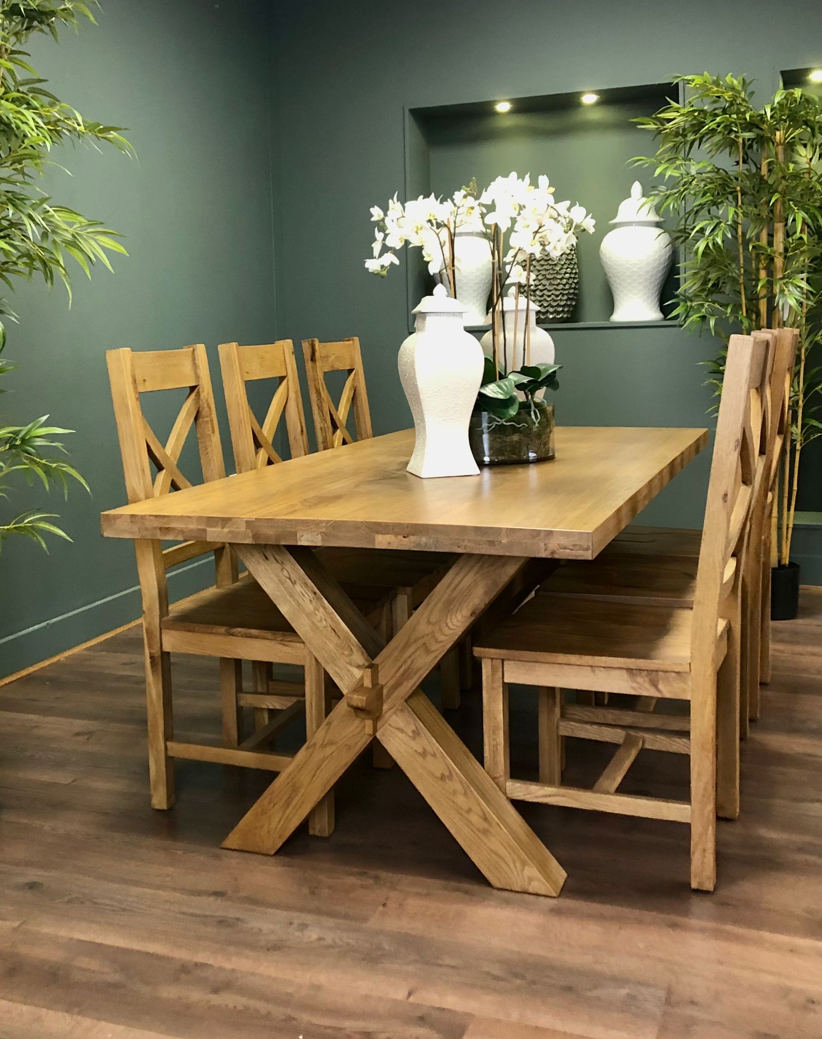 Cross leg extending oak deals dining table sets