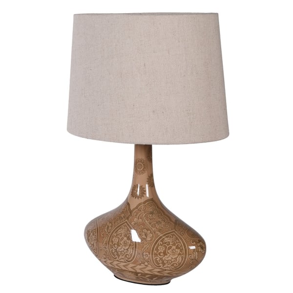 Brown Ceramic Floral Table Lamp with Linen Shade