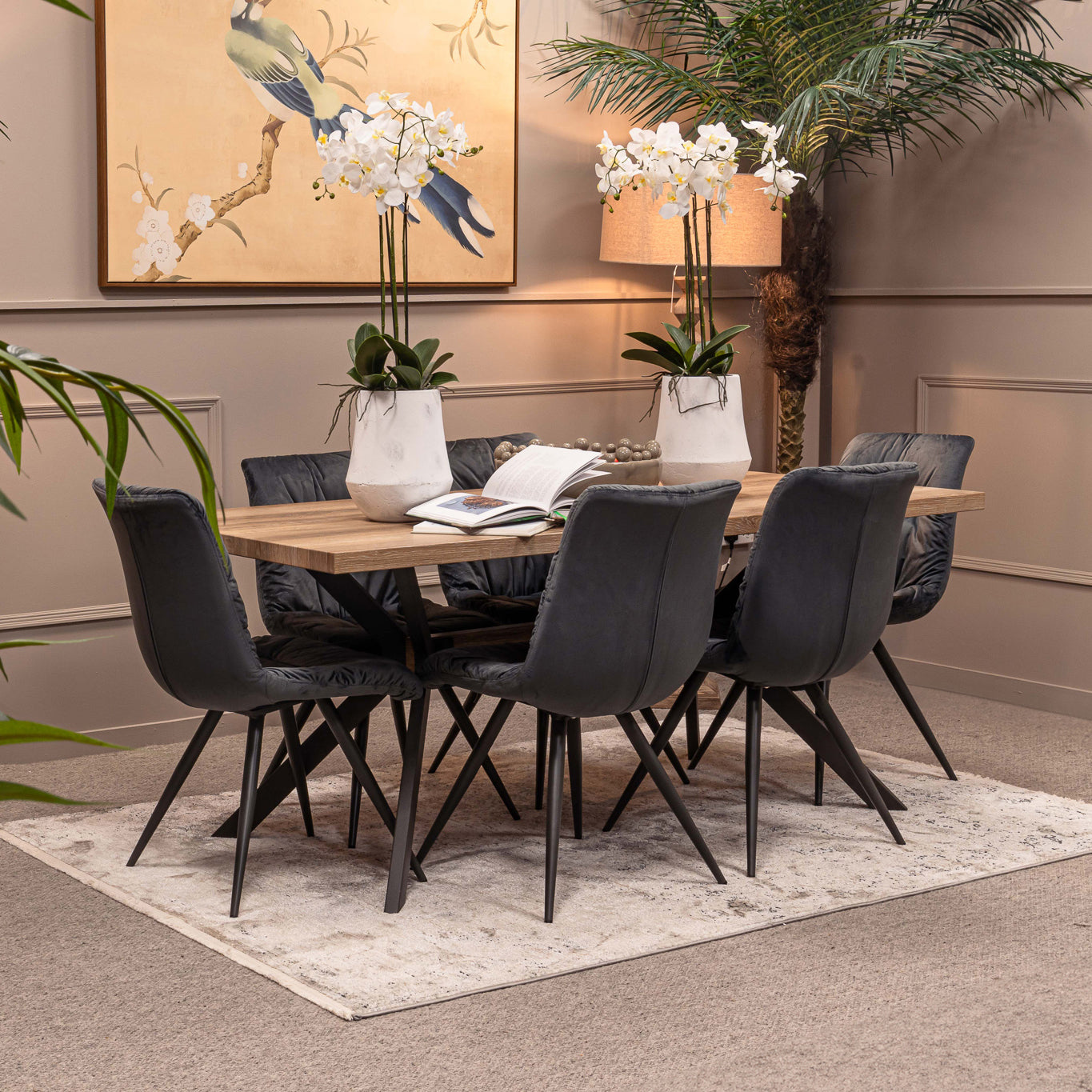 Kamala 180cm Dining Table and 6 x Anna Dark Grey Dining Chairs - Bundle Deal