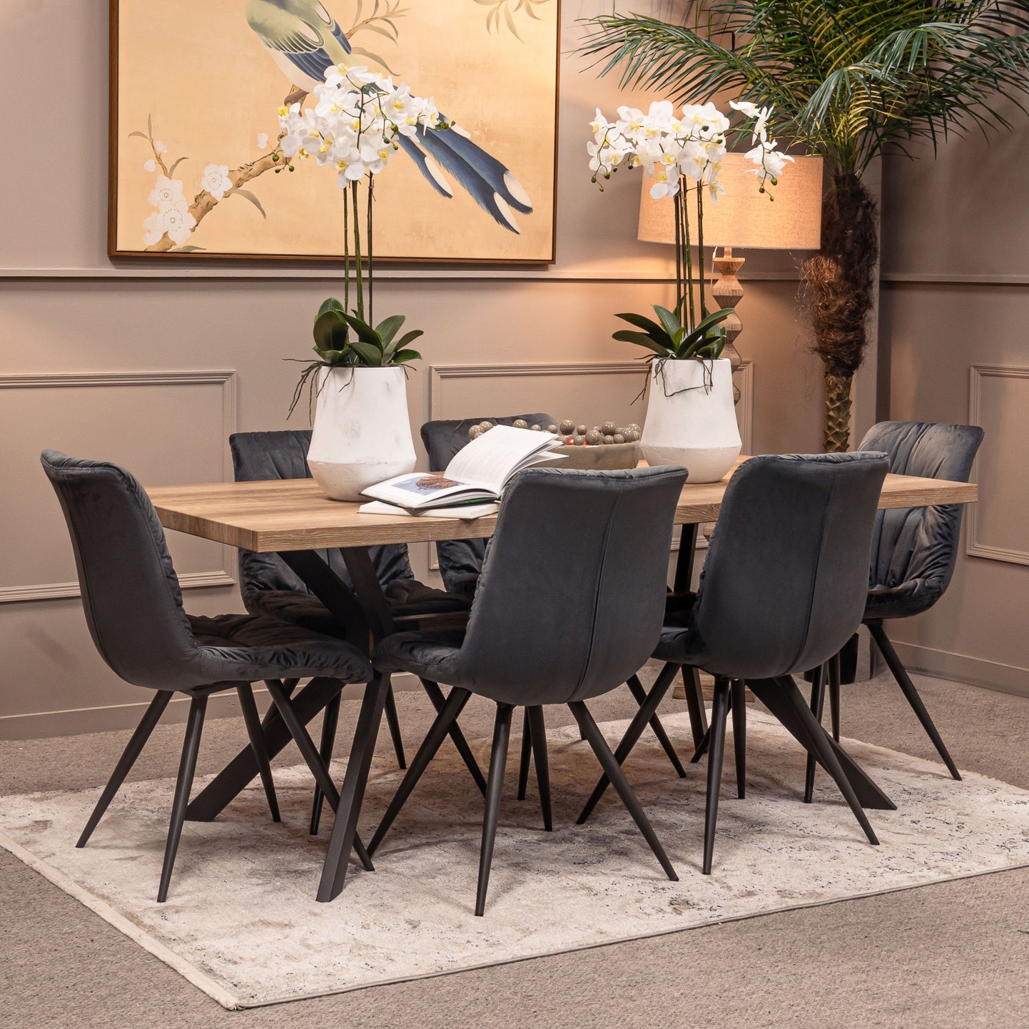 Kamala 180cm Dining Table and 6 x Anna Dark Grey Dining Chairs - Bundle Deal