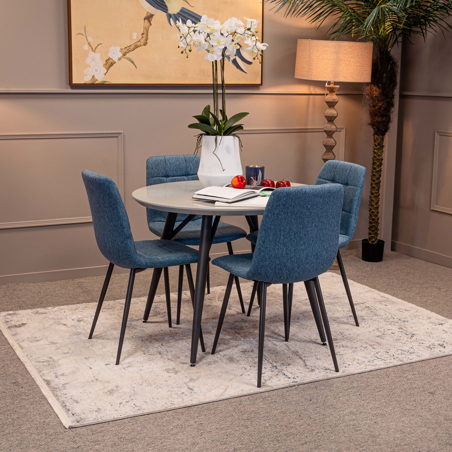 Lola Round Dining table and 4 x Blue Oslo Dining chairs - Bundle Deal