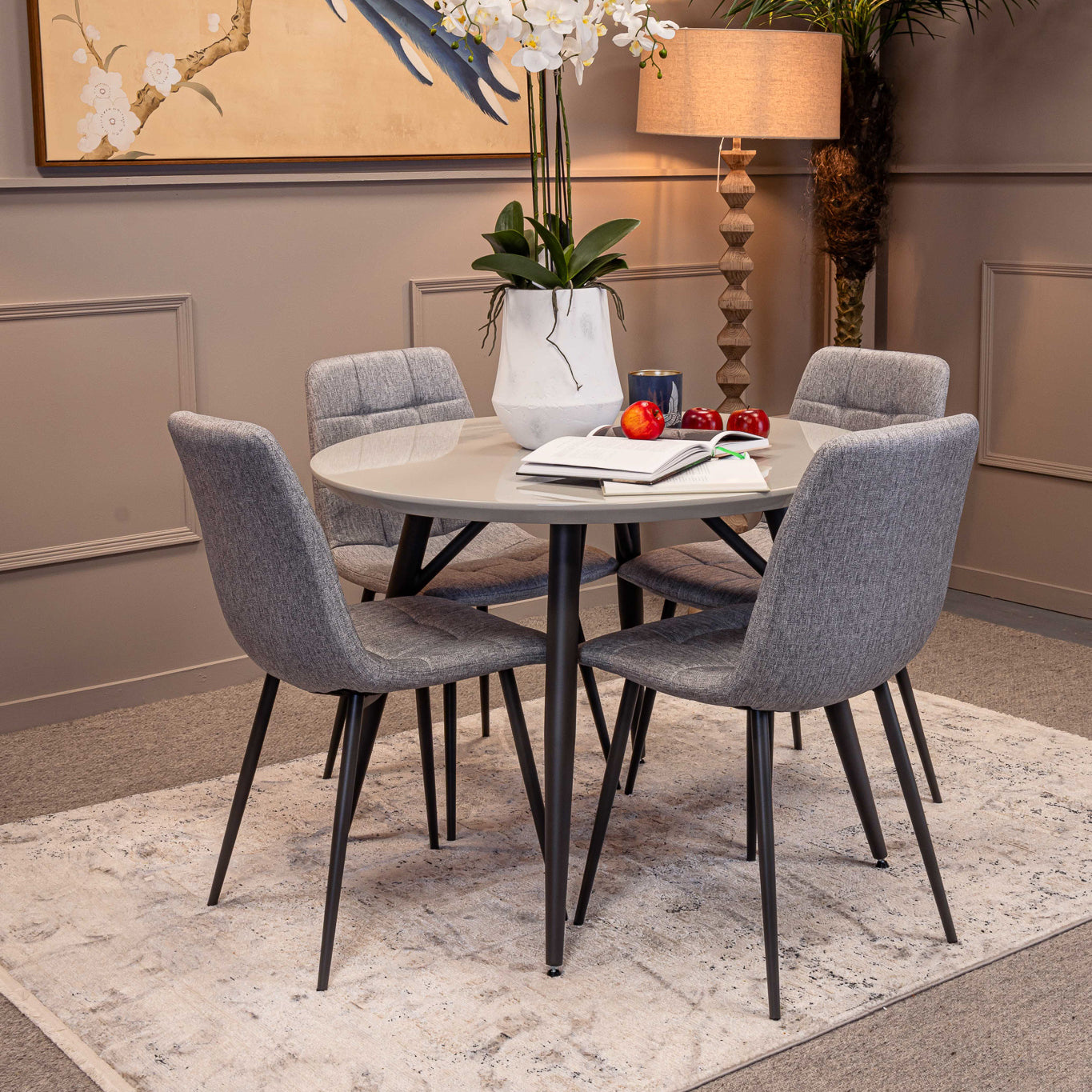 Lola Round Dining table and 4 x Light Grey Oslo Dining chairs - Bundle Deal