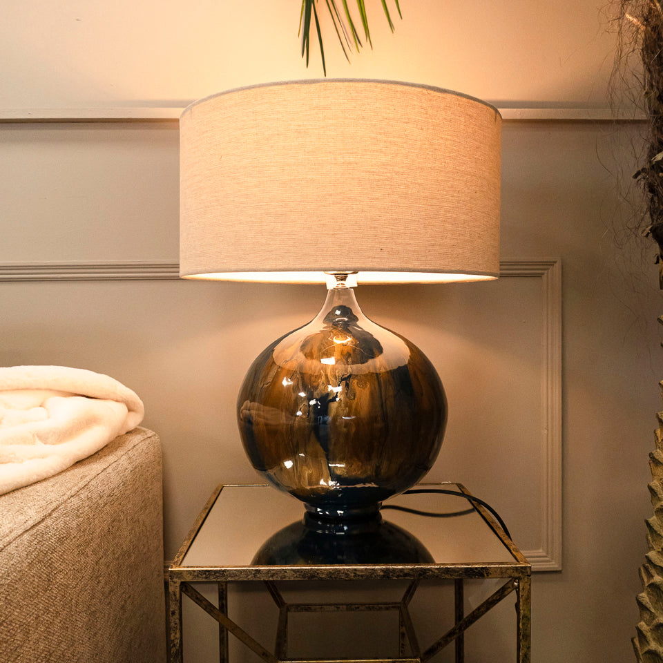 Navy Blue & Brown Ceramic Table Lamp with Linen Shade