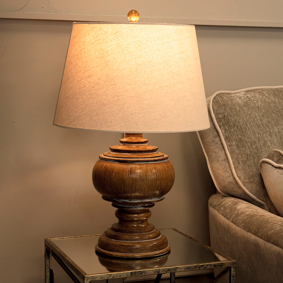 Rustic Burma Turned Wood Table Lamp with Beige Shade