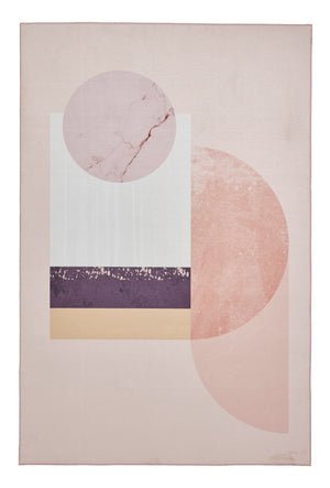 Michelle Collins Rose Rug with abstract pastel design in pink, purple, and grey.