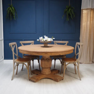 Sara All Rustic Brown Round Dining Table 160cm in a dining room setting